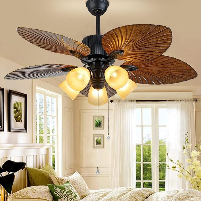 Стельові вентилятори в тропічному стилі зі скляним абажуром у формі квітки та лопаттю вентилятора у формі листка 52 старовинні сте