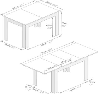 Розкладний обідній стіл, 140 (220) x 90 см, колір рустикальний дуб та білий, зроблено в Італії. Колір рустикальний дуб / ясен. Білий.