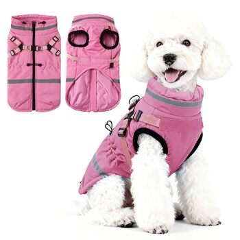 Пальто для собаки Тепла зимова куртка для собаки з флісовою підкладкою, світловідбиваюча, водо- та вітронепроникна, вбудований шлей, розмір S, рожевий