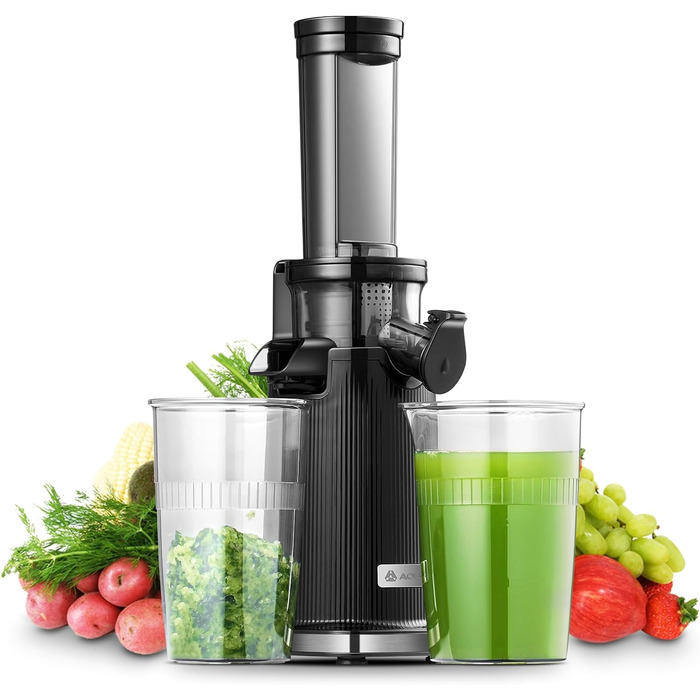 Соковижималка AOBOSI-Mini повільна соковижималка з функцією реверсивного жування, соковижималка електрична зі щіткою і багатофункціональна соковижималка для фруктів на 2 чашки, електрична соковижималка для фруктів. (45 ММ, чорний) 45 ММ Чорний