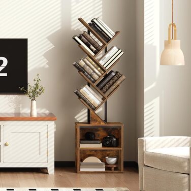 Книжкова полиця у формі дерева, 9-ярусна окремостояча полиця, стійка для CD/DVD, дерев&39яний каркас з металевим каркасом, кутова полиця, що економить місце, окремостояча книжкова вежа для вітальні, спальні, офісу, бібліотеки, вінтажний коричневий колір