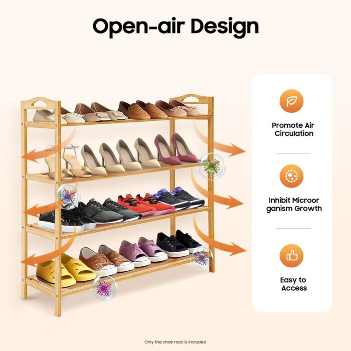 Бамбукова полиця для взуття, 4 яруси, місце для зберігання взуття, взуттєва шафа, окремостояча полиця, полиця для ванної кімнати, кухонна полиця, дерев&39яна полиця з ручкою для кухні, балкону, коридору та офісу, 60x25x67 см