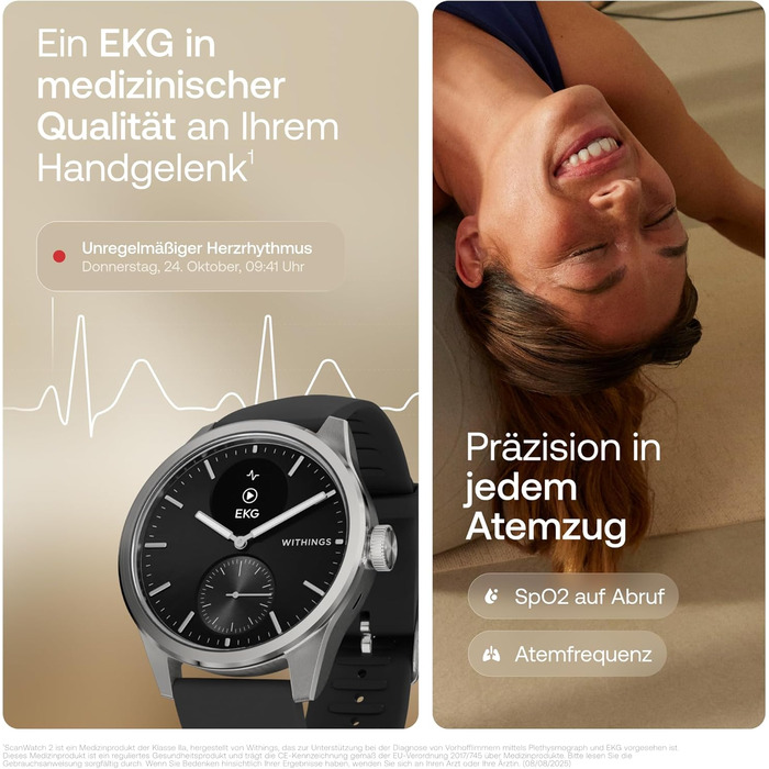 Розумний годинник для чоловіків та жінок, ЕКГ, SpO2, температура, відстеження сну, здоров&39я дихальних шляхів, водонепроникний, 35-денний час роботи від батареї, Android та iOS, 42 мм, чорний ScanWatch 2 - 42 мм, 2