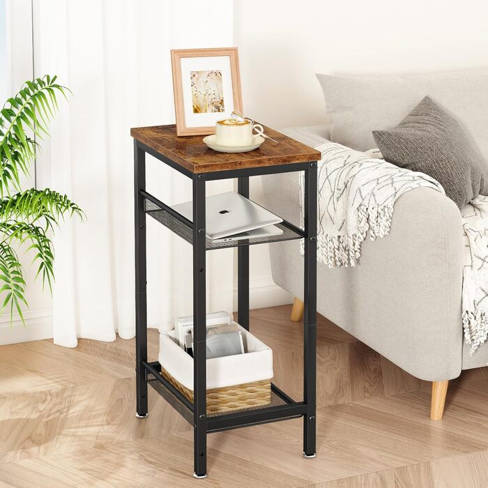 Журнальний столик YMYNY, тумбочка з регульованими полицями та ніжками, телефонний столик, столик для дивана з дерева, металевий каркас, індустріальний стиль, для вітальні, спальні, офісу, рустикальний коричневий HST005H 1-елементний рустикальний коричневи