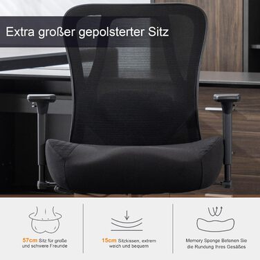 Ергономічне офісне крісло UEV 230 кг, регульована поперекова опора/підлокітники, дихаюча сітчаста оббивка, потовщена подушка сидіння 15 см, крісло для домашнього офісу, стілець для роботи, обертове крісло, чорний колір