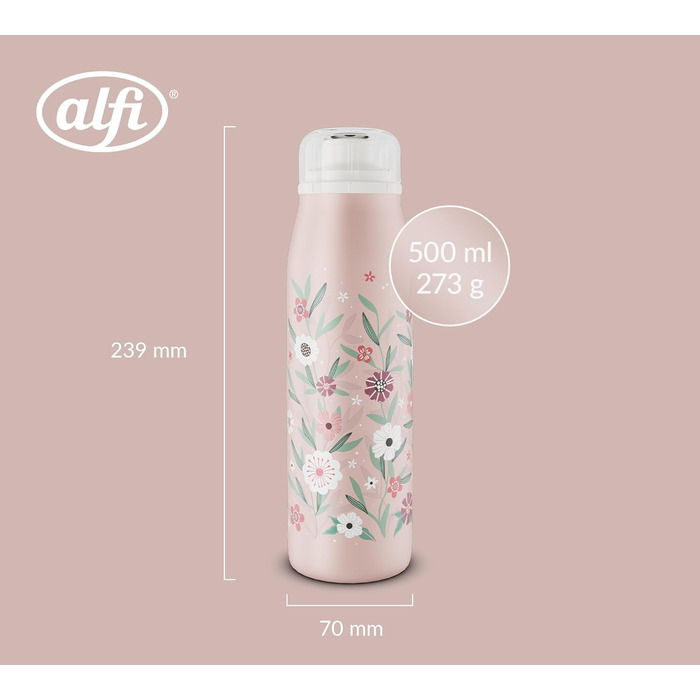 Дитяча пляшка alfi KIDS ISO 500 мл, пастельно-рожева, ізольована дитяча пляшка для пиття, нержавіюча сталь, повністю герметична з кришкою, що закручується, зберігає напої гарячими 12 годин, холодними 24 години, підходить для газованих напоїв, без BPA, кві