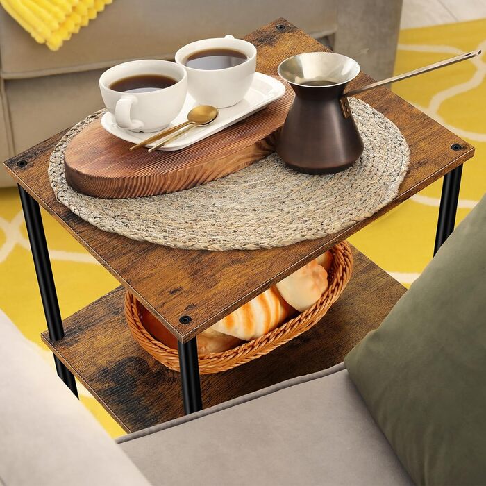 Високий дерев&39яний журнальний столик з 3 полицями для вітальні, великий простір для зберігання речей, журнальний столик в індустріальному стилі з дерева та металу, вузька тумбочка для ліжка, що економить місце, для кімнат, спальні, офісу, коричневий