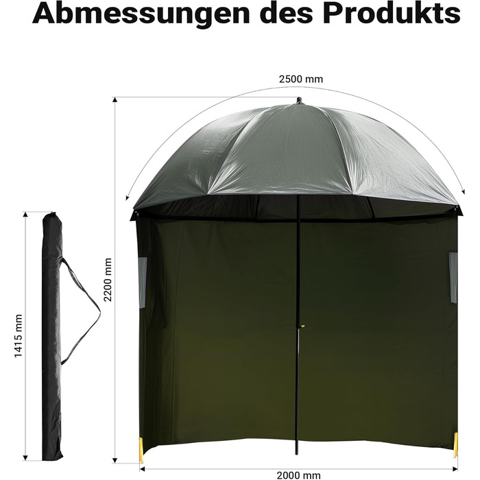 Рибальська парасолька Wiltec 250 см з бічною панеллю та двома оглядовими вікнами, намет-парасолька для захисту від вітру під час риболовлі, рибальська парасолька, рибальський намет-парасолька, сонцезахисний козирок