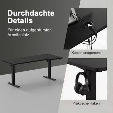 Стіл з регульованою висотою 180 x 85 см L-подібний стіл Регульований по висоті електричний, ергономічний ігровий стіл з гачками (чорний) Чорний 180 x 85 см