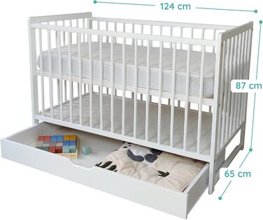 Дитяче ліжечко, дитяче ліжко 60x120 см, ліжечко, повний комплект з матрацом, розкладне тумбочки, регульована по висоті рейкова основа зі знімними рейками, з шухлядою білий колір, масив сосни