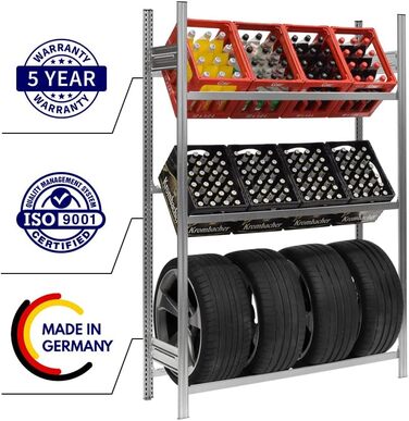 Стійка для ящиків для напоїв та шин PROREGAL CHIEMSEE TIRE, виготовлена в Німеччині ВxШxГ 200x136x43,5 см 6 ящиків 4 шини Оцинкована Стійка для ящиків для напоїв, підставка для шин, гаражна стійка, підвальна стійка для 6 ящиків та 4 шин (широка), оцинкова
