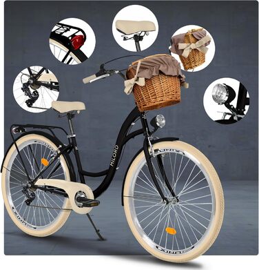 Жіночий міський велосипед MILORD Comfort з плетеним кошиком, вінтажний, голландський, 26, 28 дюймів, 7 швидкостей, чорно-кремовий, 28 дюймів