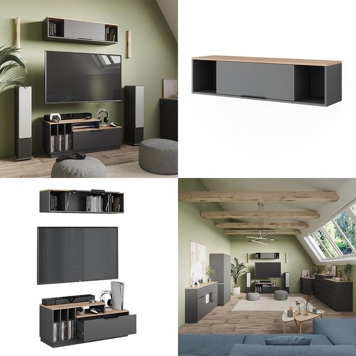 Настінна полиця Vicco Betti, антрацит/сонома, 120 x 30 см, для настінного кріплення, підходить для вітальні або офісу