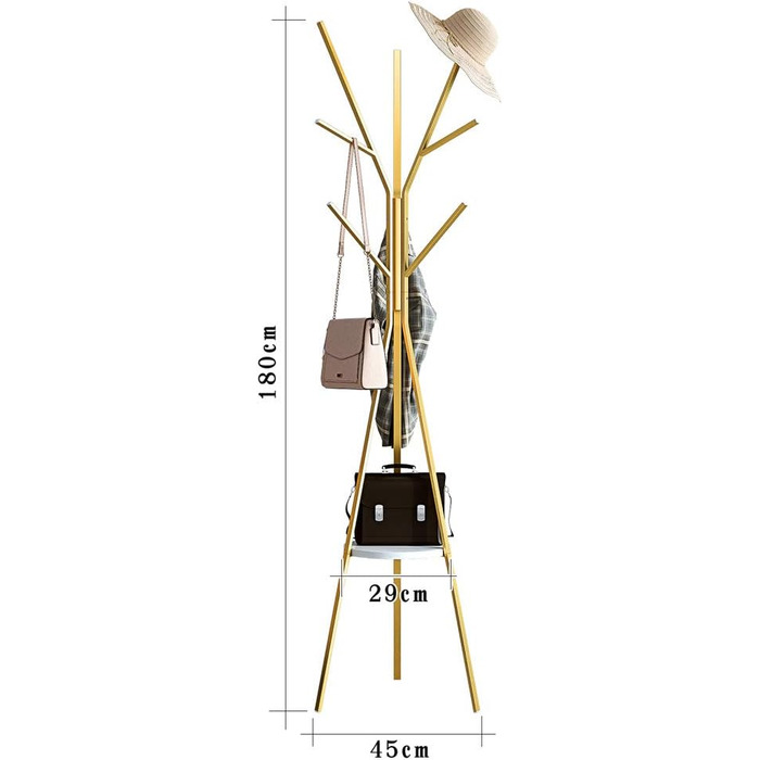 Підлогова вішалка для передпокою дерево - чорна вішалка висотою 180 см з полицею і 9 гачками для сумочки-куртки-шарфа, Freestandin