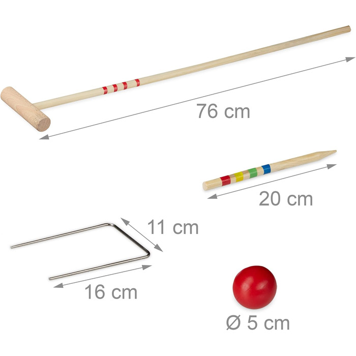 Набір для крокету Relaxdays, 4 гравці, діти та дорослі, повний комплект із сумкою, дерев&39яний набір для крокету, молотки, різнокольоровий