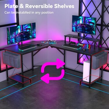Ігровий стіл із функцією зарядки, L-подібний стіл для офісу, L-подібний кутовий стіл для ПК, підставка для комп&39ютерного столу та монітора, компактний, легко збирається кутовий блок, чорний, 160-135x55x74 см