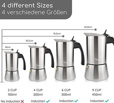 Індукційна кавоварка Milu 2, 4, 6, 9 чашок кавник для мокко з нержавіючої сталі, кавник для еспресо, набір для приготування еспрес