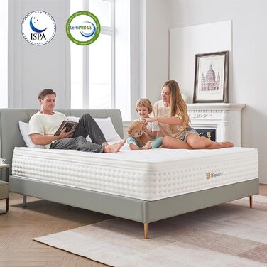 Матрац 140x200 см, висота 26 см, 7-зонний пружинний матрац, ортопедичний пружинний матрац кишенькової форми з комфортним шаром піни з ефектом пам&39яті, рівень жорсткості H3, розвантажує спину, 100-денний пробний період, 26 см, 140x200x26 см