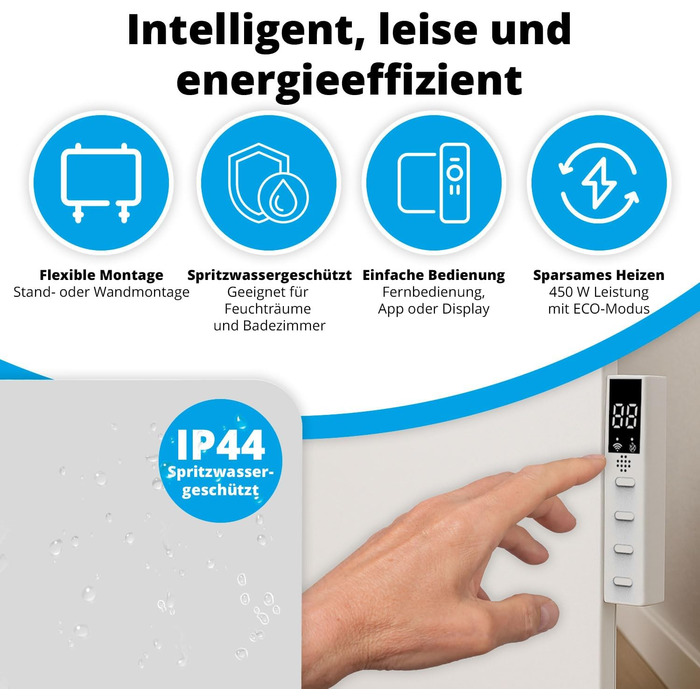 Розумний інфрачервоний обігрівач FlinQ 450 Вт Електричний радіатор Інфрачервоний настінний та окремостоячий пристрій Електричний обігрівач для ванних кімнат З термостатом Біла панель 450 Вт