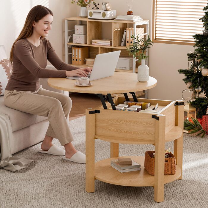 Круглий журнальний столик ELUCHANG з підйомною стільницею, журнальний столик 2-в-1 з регульованою висотою, бічний столик/стіл для вітальні з прихованим відділенням для зберігання, відкритий відсік, для вітальні/офісу, 60x60 см, дуб 60*60*48 см дуб