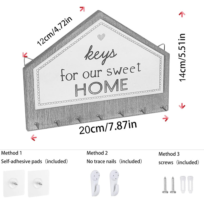 Дерев'яна ключниця Echehi з 7 гачками, самоклеюча або свердлильна, двостороння установка, ключниця, ключниця для дому (сіра) 7 сір