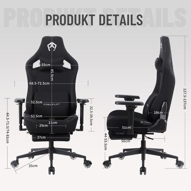 Ергономічне ігрове крісло PixelPilot з 4D підлокітниками, підставкою для ніг, опорою для голови та попереку, ігрове ПК-крісло широке сидіння Офісне крісло вантажопідйомність 150 кг (Orion, тканина) Тканина Orion