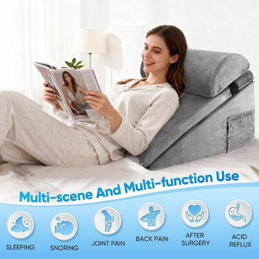 Клиноподібна подушка для ліжка та дивана, двошарова подушка для читання з піни з ефектом пам&39яті, регульована клиноподібна подушка, ергономічна подушка для голови, клиноподібна подушка для підтримки ніг та спини під час гри чи читання (сіра) (50*50*28 с
