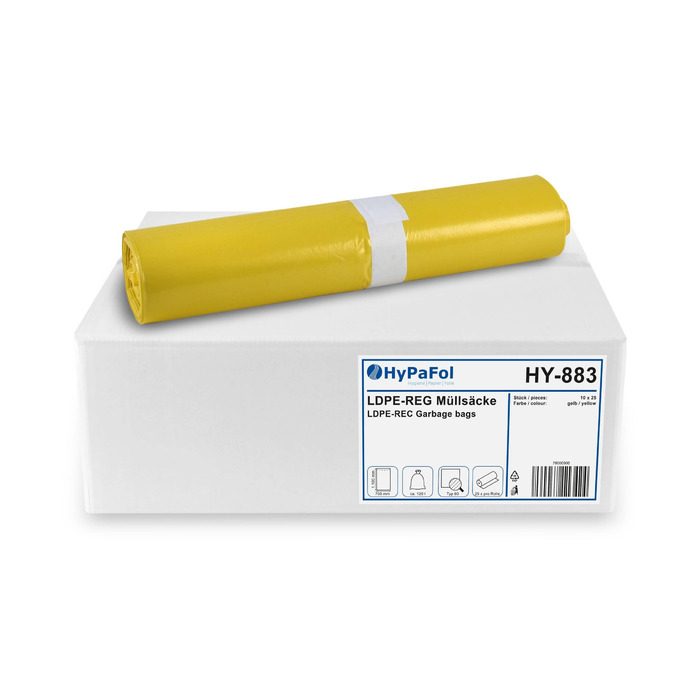Сміттєві мішки HypaFol 120 л, 250 шт. , жовтий мішок Міцні сміттєві мішки для роздільного збору упаковки та пластику Кольорові сміттєві мішки для роздільного збору відходів Перероблений пластик з високою стійкістю до розривів