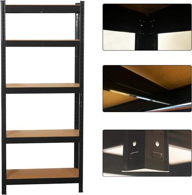 Високоякісний міцний стелаж, кріпильні елементи в комплекті, вантажопідйомність 875 кг, 5 регульованих, міцних полиць з МДФ для зберігання, підвалу, гаража, льоху, майстерні (чорний, 70x30x150 см)
