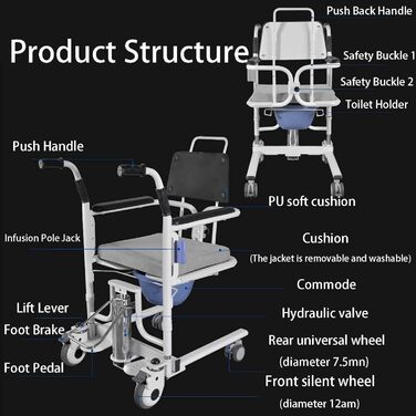 Крісло для перенесення підйому пацієнта, гідравлічне крісло для підйому пацієнта, портативний допоміжний засіб для підйому пацієнта з розділеним сидінням і туалетом на 180, багатофункціональна машина для зміни для дому