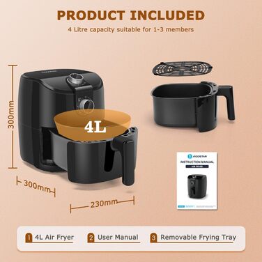 Аерофритюрниця Hayden Alpha 4L, побутова фритюрниця 1500 Вт зі швидкою циркуляцією повітря, таймер на 30 хвилин, регульована температура для здорового приготування з низьким вмістом жиру, чорний