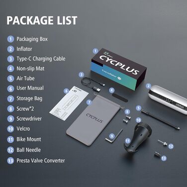 Повітряний насос CYCPLUS 150PSI Електричний компресор Портативний велосипедний насос Міні-насос для шин із цифровим світлодіодним дисплеєм Світлодіодне світло Акумуляторний літій-іонний акумулятор для всіх велосипедів, мотоциклів та автомобілів Білий