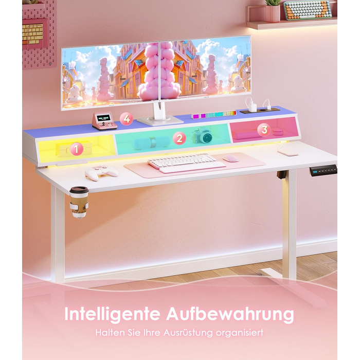 Ігровий стіл OffiGo, стіл з регульованою висотою 140 см, RGB-підсвічуванням та розетками, електричний стіл з 3 відкритими відділеннями для зберігання, тримач для напоїв та навушників, карбонова поверхня білого кольору