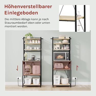 Кухонна полиця WOLTU на 6 рівнів з розетками, полиця для мікрохвильової печі з 6 гачками, полиця для пекаря з металевим каркасом, регульована полиця, чорнийсвітлий дуб, 60 x 167 x 40 см чорнийсвітлий дуб 60 x 39,5 x 167 см