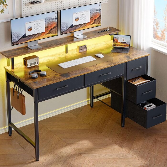 Комп&39ютерний стіл Seventable з розетками та світлодіодним освітленням, ігровий стіл 120 см з 5 шухлядами, ігровий стіл з підставкою для монітора, для офісу, кабінету, спальні, вітальні, вінтажний коричневий, 120 см