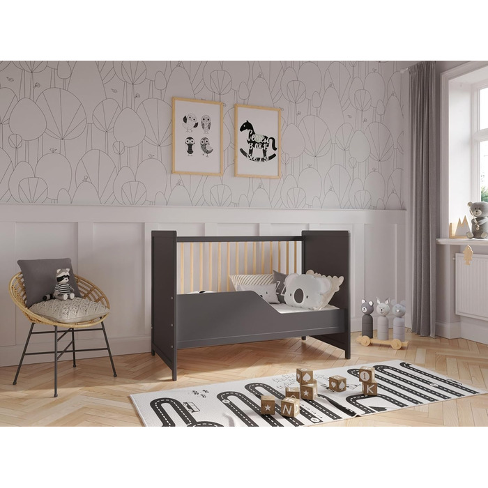 Дитяче ліжечко/спальне місце Love For Sleep 120x60 см із захисним бар&39єром, трансформоване, дитяче ліжко Tokyo кольору антрацит-сосна, дерев&39яне дитяче ліжко - Дитяче ліжко, трансформоване ліжечко, чорне