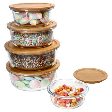 Круглі контейнери для зберігання Ritzenhoff & Breker Esperanza, 5 шт. Скляні банки з дерев&39яними кришками 2 шт. по 1,25 л, по 900 мл, по 620 мл та по 300 мл Кришка з екологічно чистого бамбука зі скляною мискою Контейнер для делікатесів, хлібниця