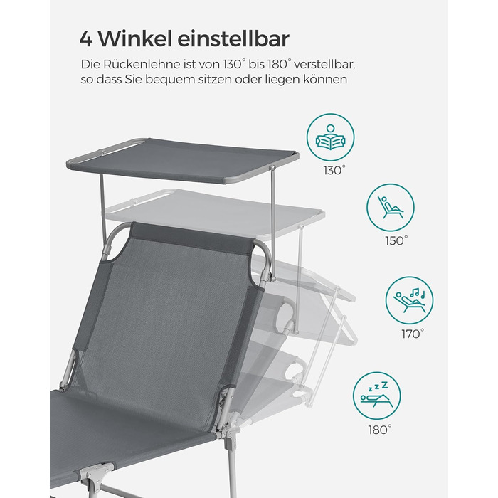 Шезлонг SONGMICS, розкладний крісло-реклайнер, 193 x 53 x 29 см, витримує до 150 кг, сонцезахисний козирок, підголівник, регульована спинка, для саду, басейну, патіо, темно-сірий GCB19UV1 темно-сіра подушка не входить до комплекту
