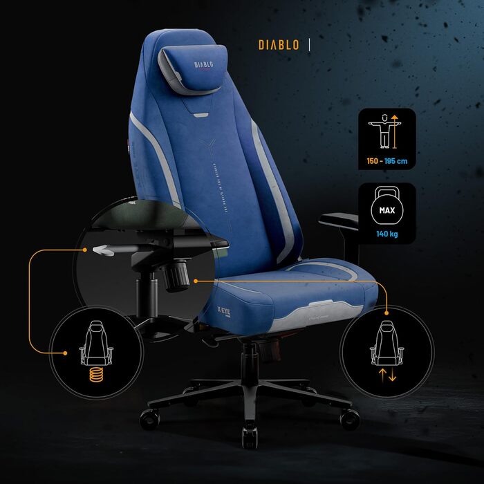Ергономічне ігрове крісло Diablo з тканини, крісло X.Eye Prime для ПК з магнітним підголівником, ігрове крісло з функцією охолодження, ігрове крісло, ергономічне, міцне, з тканини, 140 кг, Meta Ocean