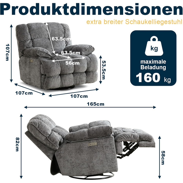 Крісло-гойдалка з функцією відкидання та гойдання, надзвичайно велике електричне крісло для телевізора, надзвичайно широке поворотне крісло-гойдалка, електрично регульований кут нахилу 90-140, порти USB та Type-C, сірий