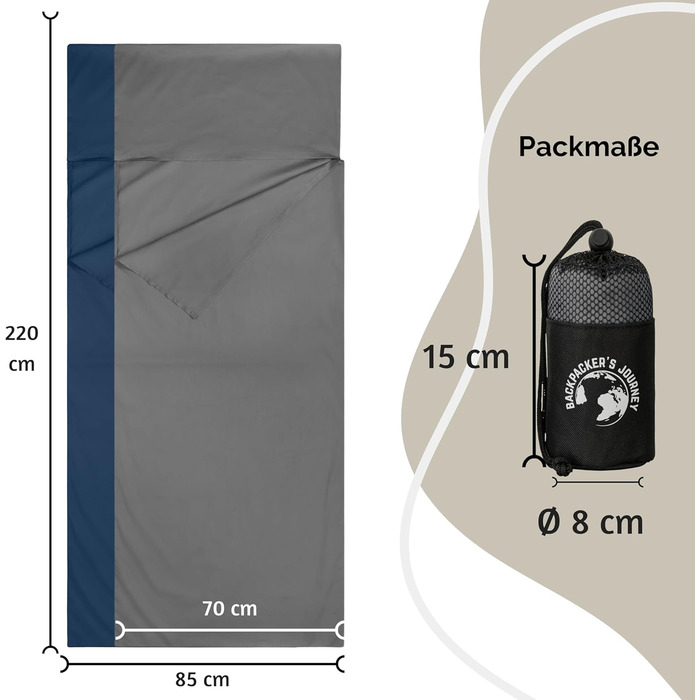 Ультралегкий (лише 225 г) підкладковий спальний мішок Backpacker&39s Journey виготовлений зі 100 бавовни. Гігієнічний спальний мішок без блискавки (без термоізоляції). Сірий. Ширина 85 см.