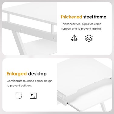 Невеликий комп&39ютерний стіл з 4 колесами (2 з гальмами), Z-подібний комп&39ютерний стіл з підставкою для клавіатури для дому та офісу, 60 x 48 см, білий, 60 x 48 x 73 см