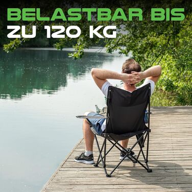 Складаний кемпінговий стілець MOUNTREX (до 120 кг) - Складаний стілець з регульованими підлокітниками - Рибальський стілець, Пляжний стілець - Складаний, компактний та легкий - Кемпінговий стілець з тримачем для напоїв та сумкою, Чорний