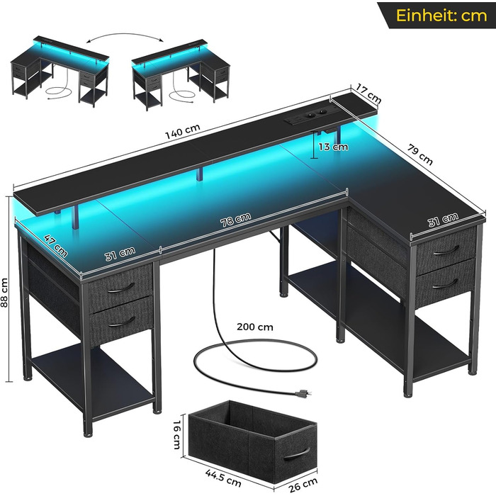 Г-подібний комп&39ютерний стіл на сім столів з 4 шухлядами та полицями, ігровий стіл зі світлодіодним освітленням та розетками, ігровий стіл з підставкою для монітора для домашнього офісу, спальні, вітальні (чорний, 140 см) Чорний 140 см