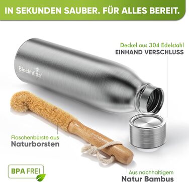 Термос з нержавіючої сталі Log Cabin 1 л Пляшка для води з нержавіючої сталі, підходить для газованих напоїв, герметична, можна мити в посудомийній машині, ідеально підходить для спорту, походів, дітей - без BPA 1000 мл, матова нержавіюча сталь