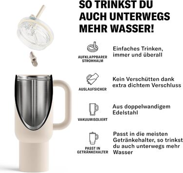 Термокружка Waterdrop з трубочкою 1,1 л Герметична, міцна пляшка для пиття з відкидною трубочкою, зберігає напої холодними протягом 12 годин, кухоль для пиття з кришкою, ізольована пляшка з нержавіючої сталі, зимово-білий колір