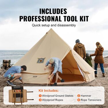 Намет-юрта VEVOR Bell Tent 3-7 м, підходить для 6-12 осіб, виготовлена з бавовни TC та має міцні залізні стійки з ПВХ підлогою. Кемпінговий намет-дзвін з парусини.
