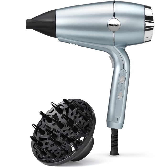 Фен BaByliss Hydro-Fusion з дифузором професійний іонний фен 2100 Вт для стайлінгу без пухнастості, плазма-технологія для блиску, легкий дизайн, 3 рівні температури та 2 режими обдуву, синій, D773DE
