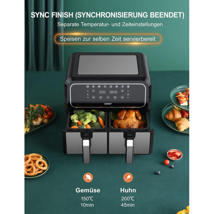 Двозонна фритюрниця Innsky двокамерна 8 л, 8 програм подвійна фритюрниця, фритюрниця з 2 кошиками, фритюрниця гаряче повітря без олії, подвійне приготування, синхронізація готової технології, режим струшування X-Large