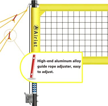 Волейбольна сітка Airist для вулиці з високою міцністю – з системою захисту від провисання, регульованими алюмінієвими стійками, професійний комплект для заднього двору та пляжу, з волейбольним м'ячем та жовтою сумкою для перенесення